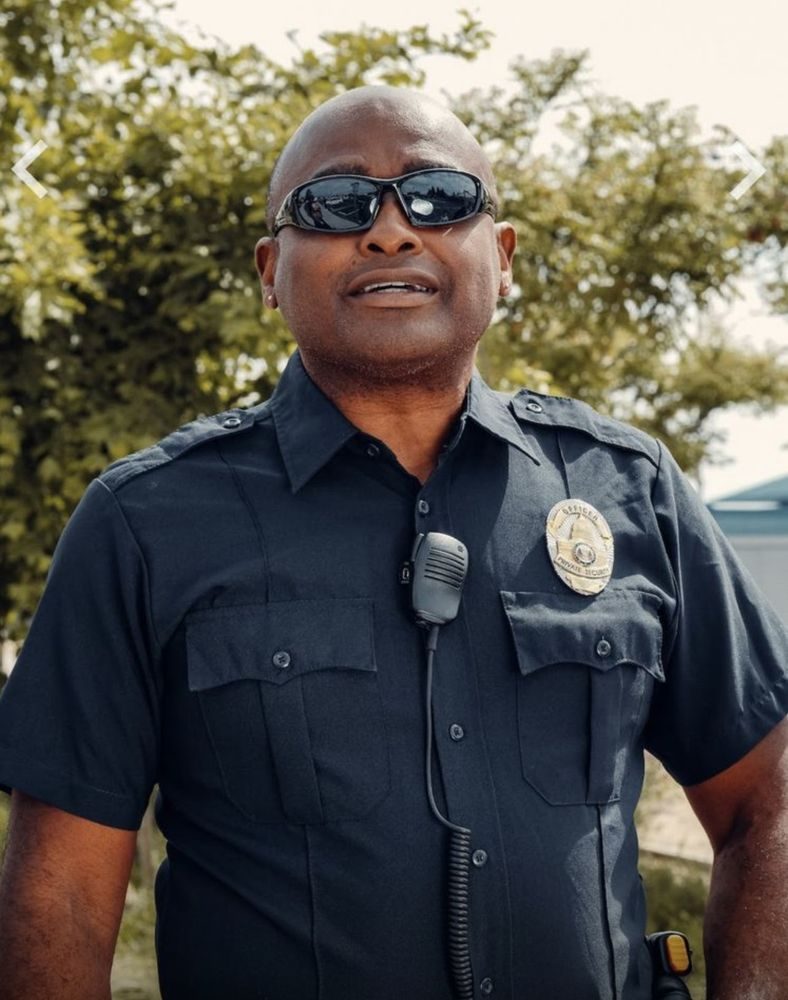 Unarmed security guard at a building entrance in Southern California